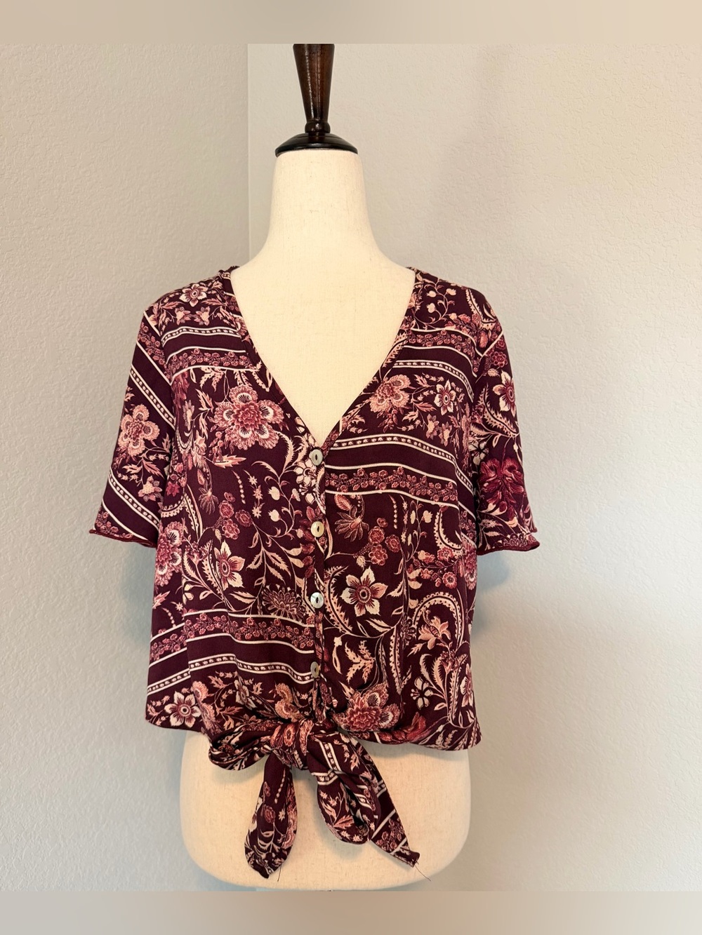 Show Me Your Mumu Tortuga Tie Front Blouse Maroon Pink